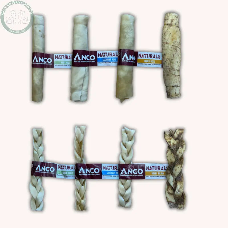Anco Naturals Beef Skin Chews rolls or braids in Mint, Coconut, Honey or Peanut Butter