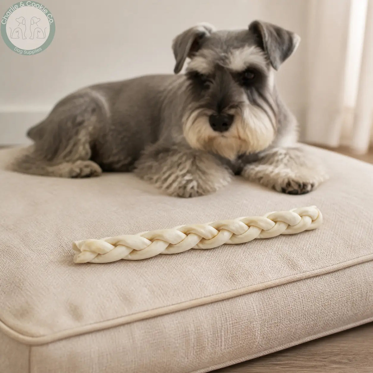 Anco Naturals Large Beef Skin Braid beside a Miniature Schnauzer