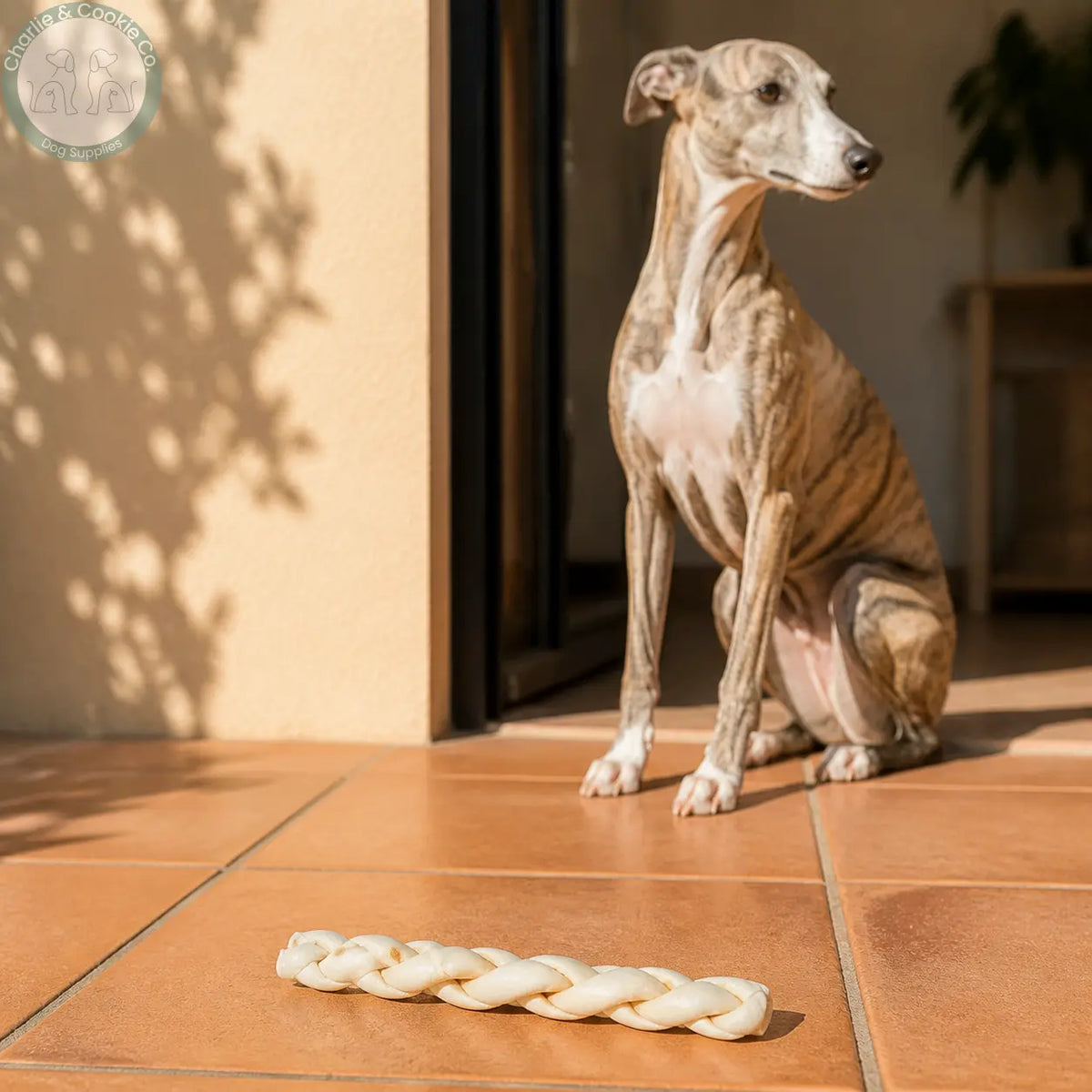 Anco Naturals Large Beef Skin Braid beside a brindle Whippet