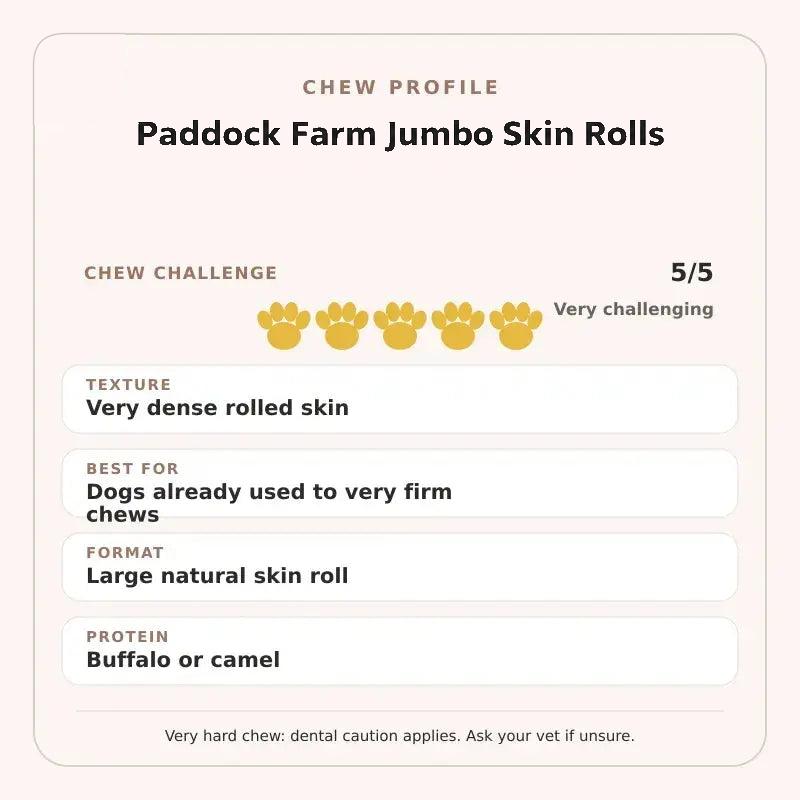 Chew Profile for Paddock Farm Jumbo Skin Rolls: challenge 5/5, very dense rolled skin