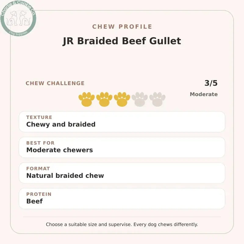 Chew Profile for JR Braided Beef Gullet: challenge 3/5, chewy and braided