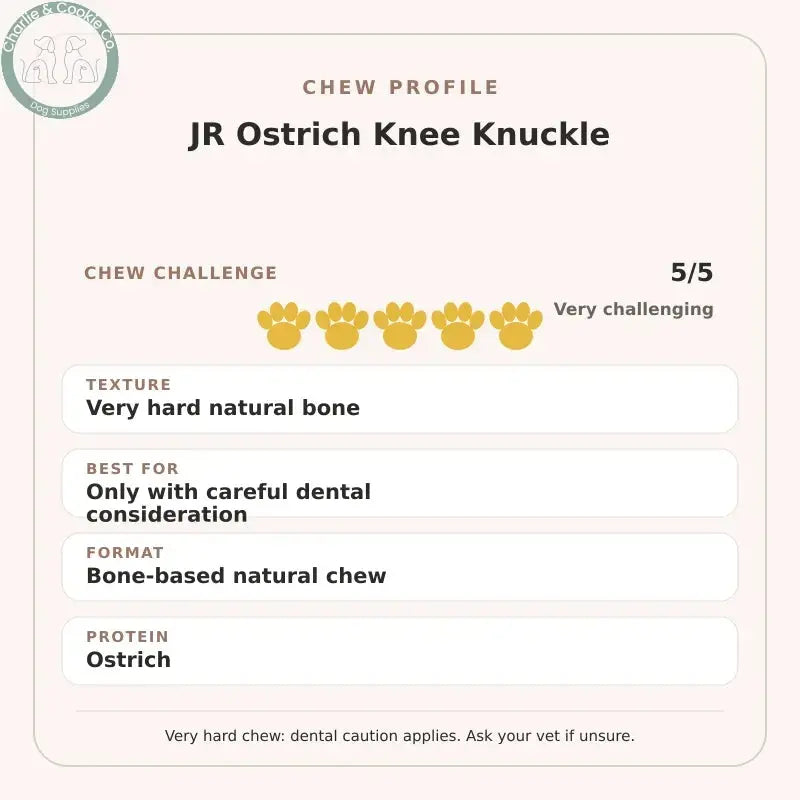 Chew Profile for JR Ostrich Knee Knuckle: challenge 5/5, very hard natural bone