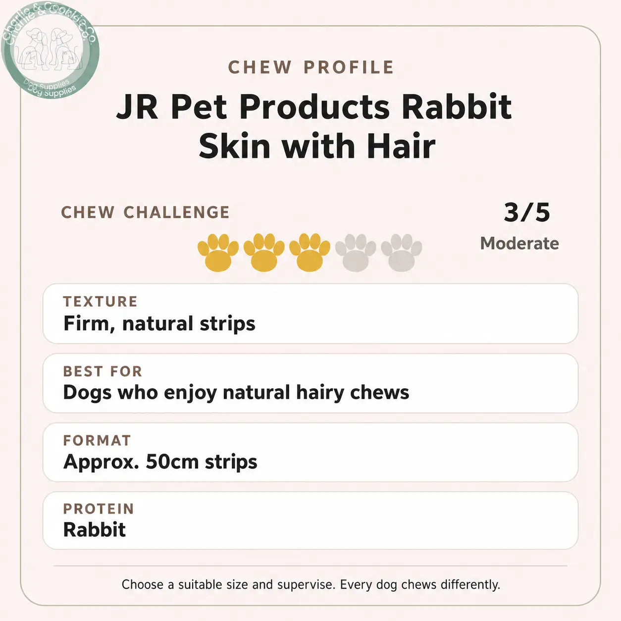 Chew Profile for JR Pet Products Rabbit Skin with Hair: challenge 3/5, firm natural strips