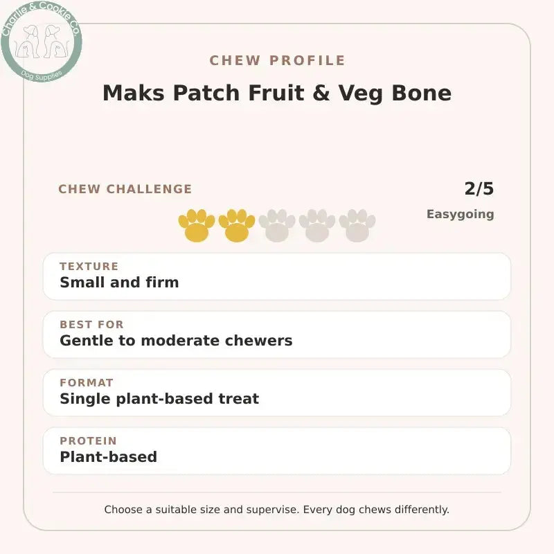 Chew Profile for Maks Patch Fruit & Veg Bone: challenge 2/5, small and firm