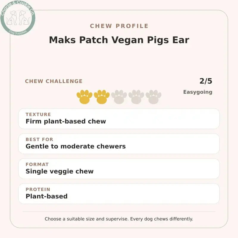 Chew Profile for Maks Patch Vegan Pigs Ear: challenge 2/5, firm plant-based chew