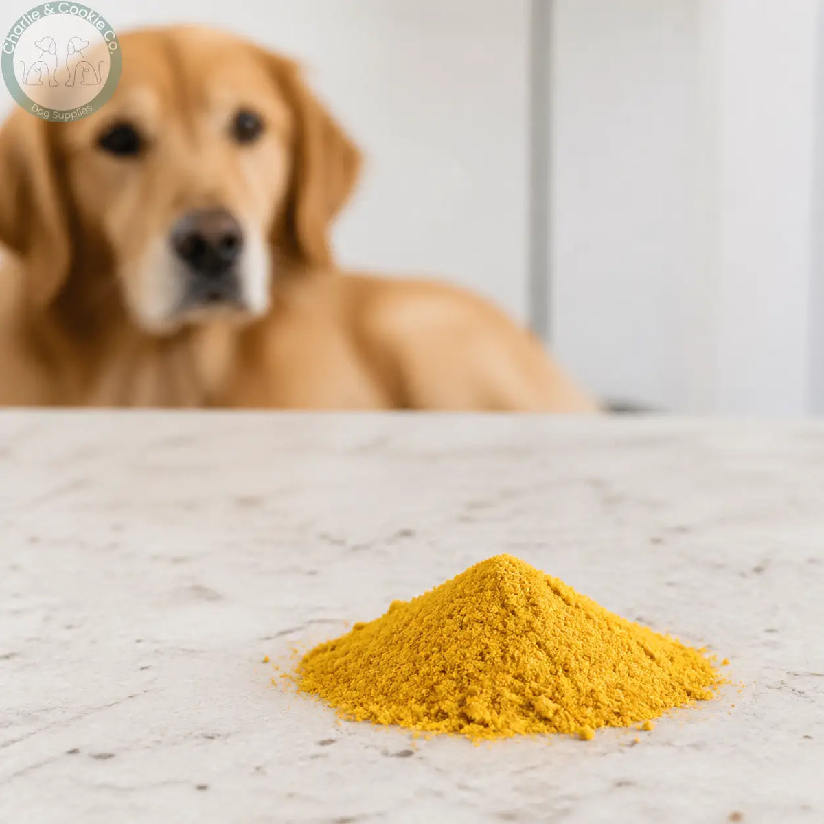 Nova Pet Health Pumpkin Powder shown on a kitchen counter with a dog in the background