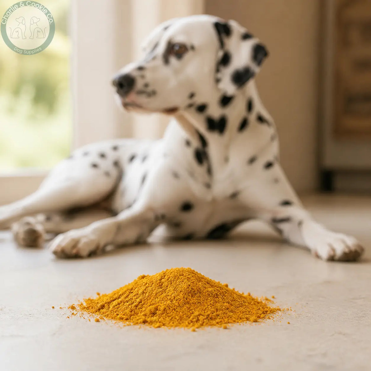 Nova Pet Health Pumpkin Powder on a kitchen counter with a Dalmatian in the background