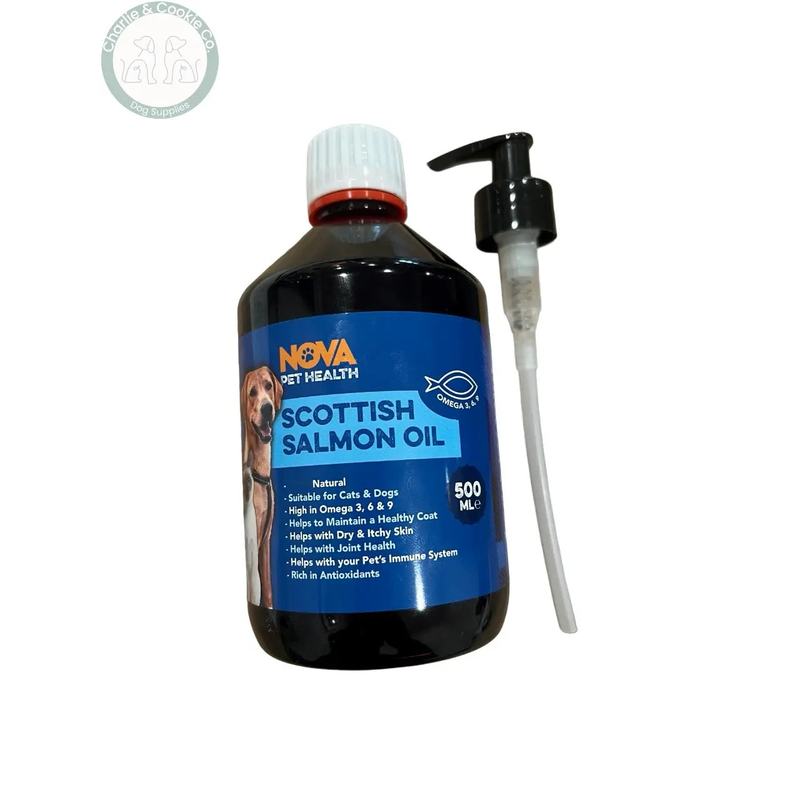 Nova Pet Health Scottish Salmon Oil 500ml, bottle and separate pump shown at an angle