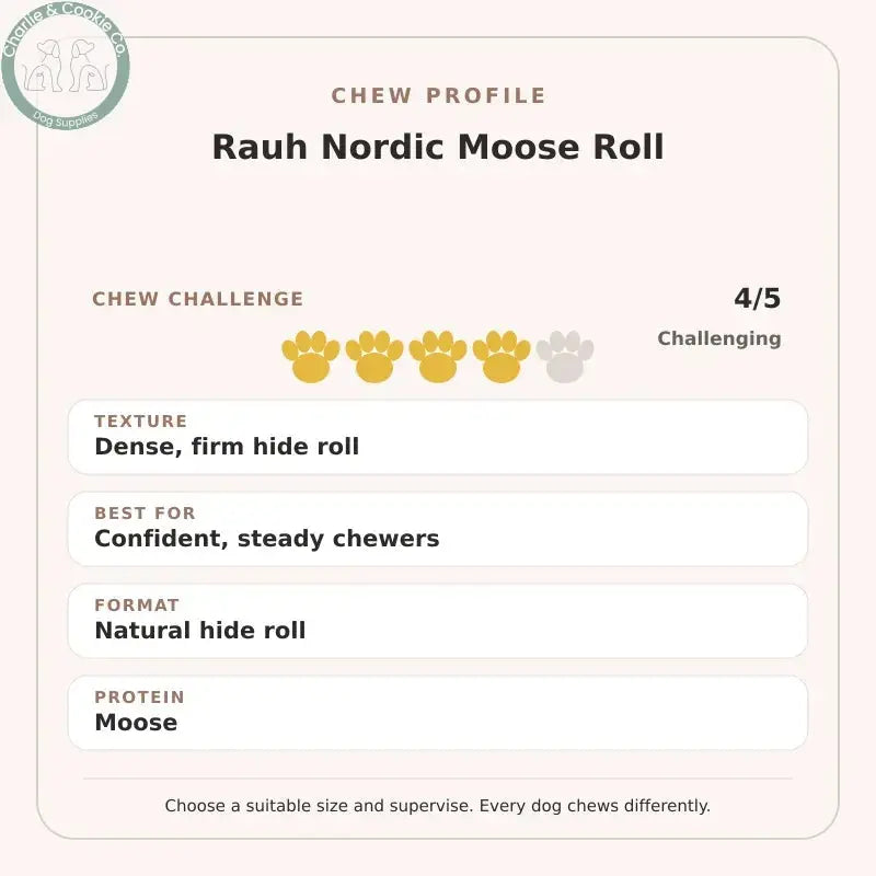 Chew Profile for Rauh Nordic Moose Roll: challenge 4/5, dense, firm hide roll