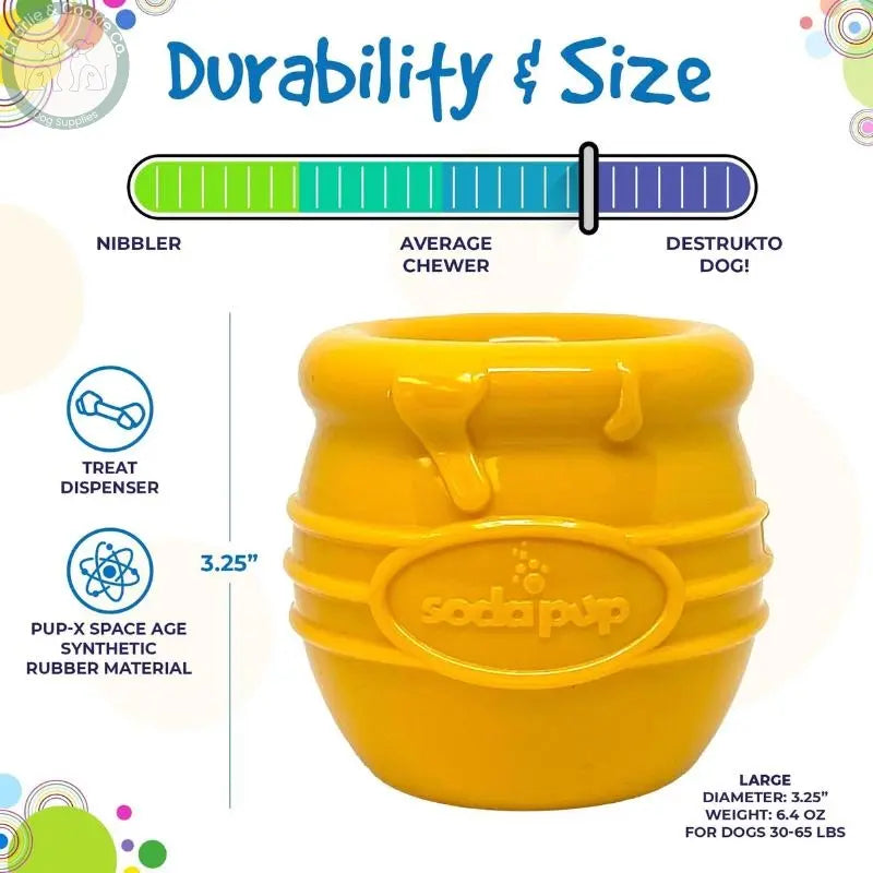 SodaPup Honey Pot PUP-X treat dispenser dog toy in Large or XL, Yellow, Blue, Pink or Red