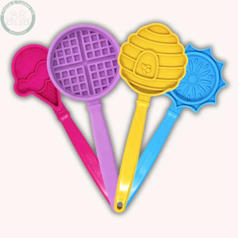 SodaPup Lick Stick hand-held dog licking enrichment toy in Beehive, Ice Cream Cone, Flower or Waffle designs