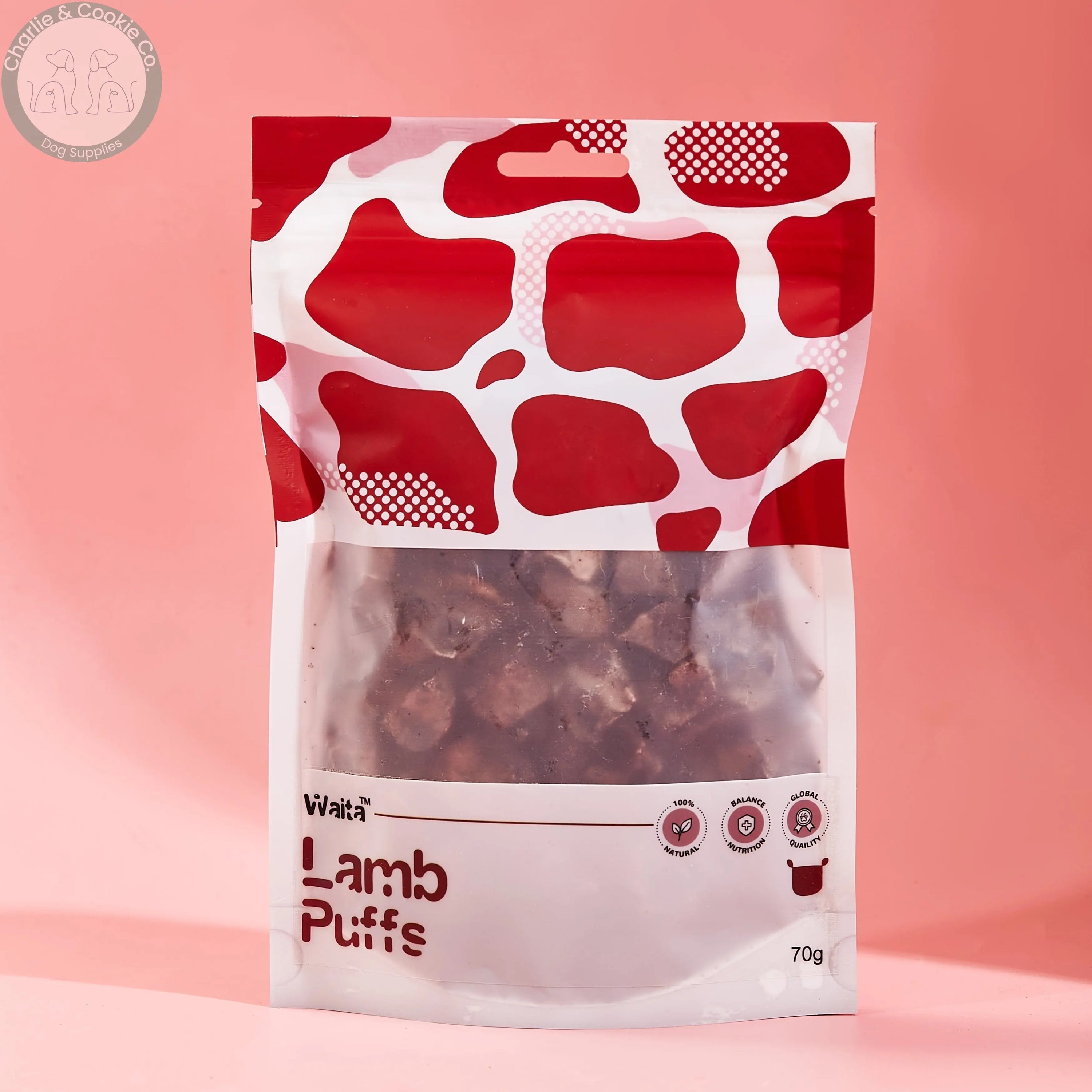 Waita Air-Dried Lamb Puffs 70g pouch on a pink background