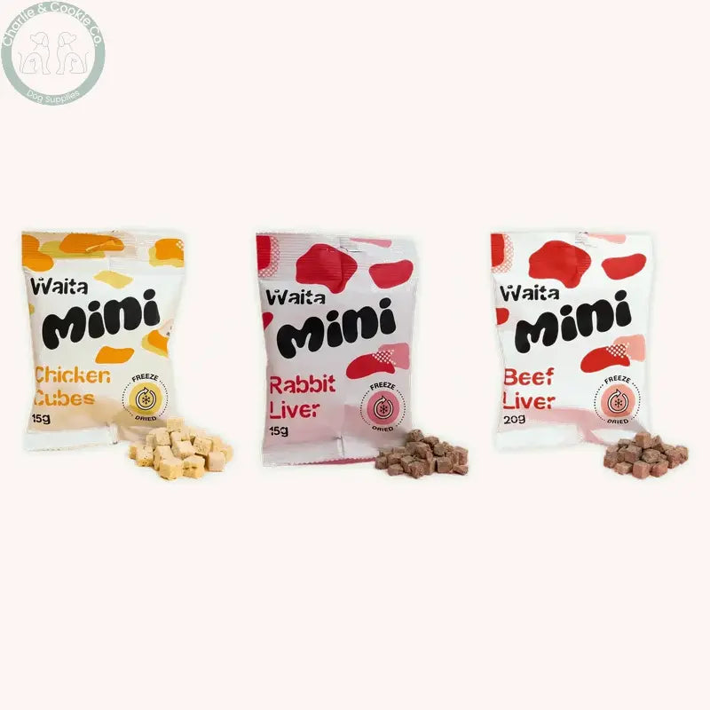 Waita Mini Chicken Cubes 15g, Rabbit Liver Cubes 15g and Beef Liver Cubes 20g pouches with treats