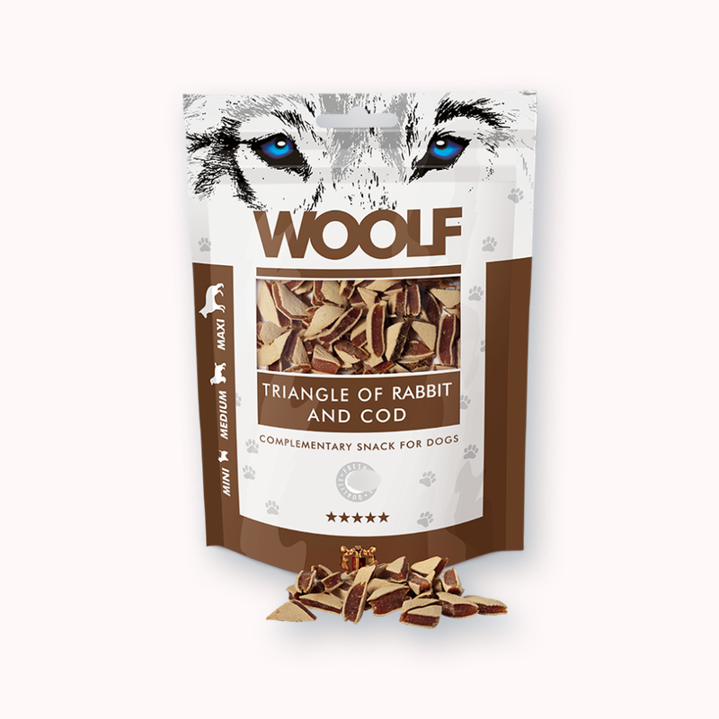 Woolf Rabbit and Cod Triangle soft sandwich treats with 100g pack