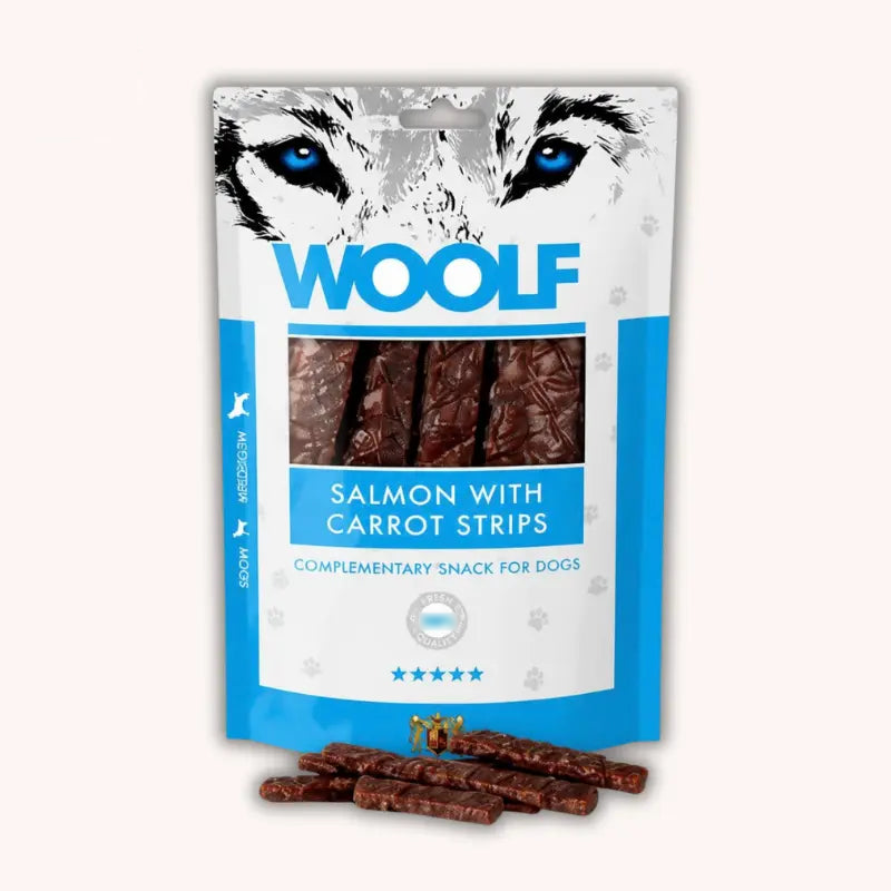 Woolf Salmon with Carrot Strips 100g pouch with loose treats