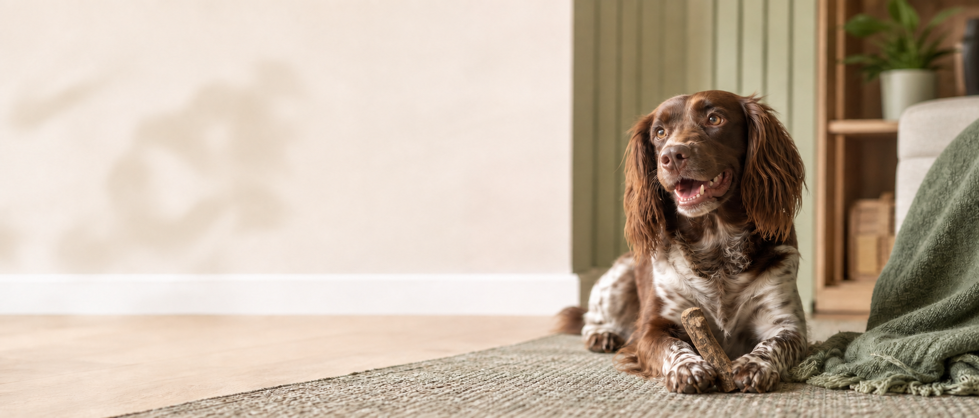 Happy brown and white spaniel with a natural root chew in a warm sage and cream home