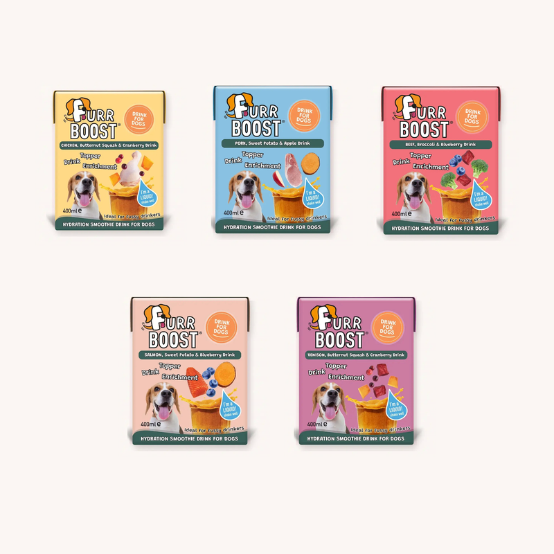 Furr Boost 400ml drink cartons in five recipes: Chicken, Pork, Beef, Salmon and Venison
