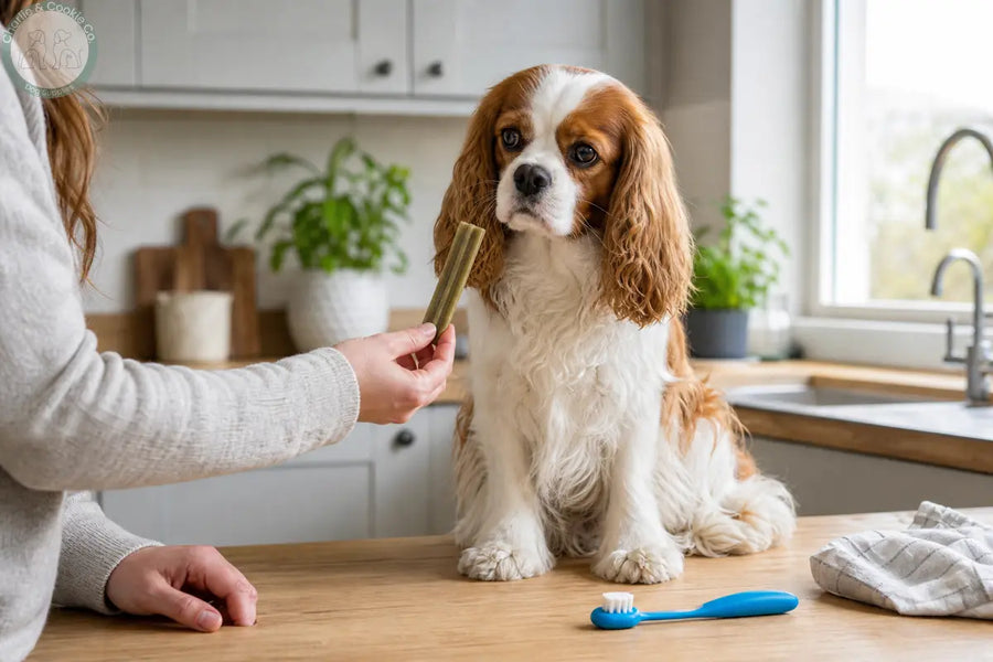 Cavalier King Charles Spaniel in a kitchen looking at a dental chew and dog toothbrush during a calm care routine