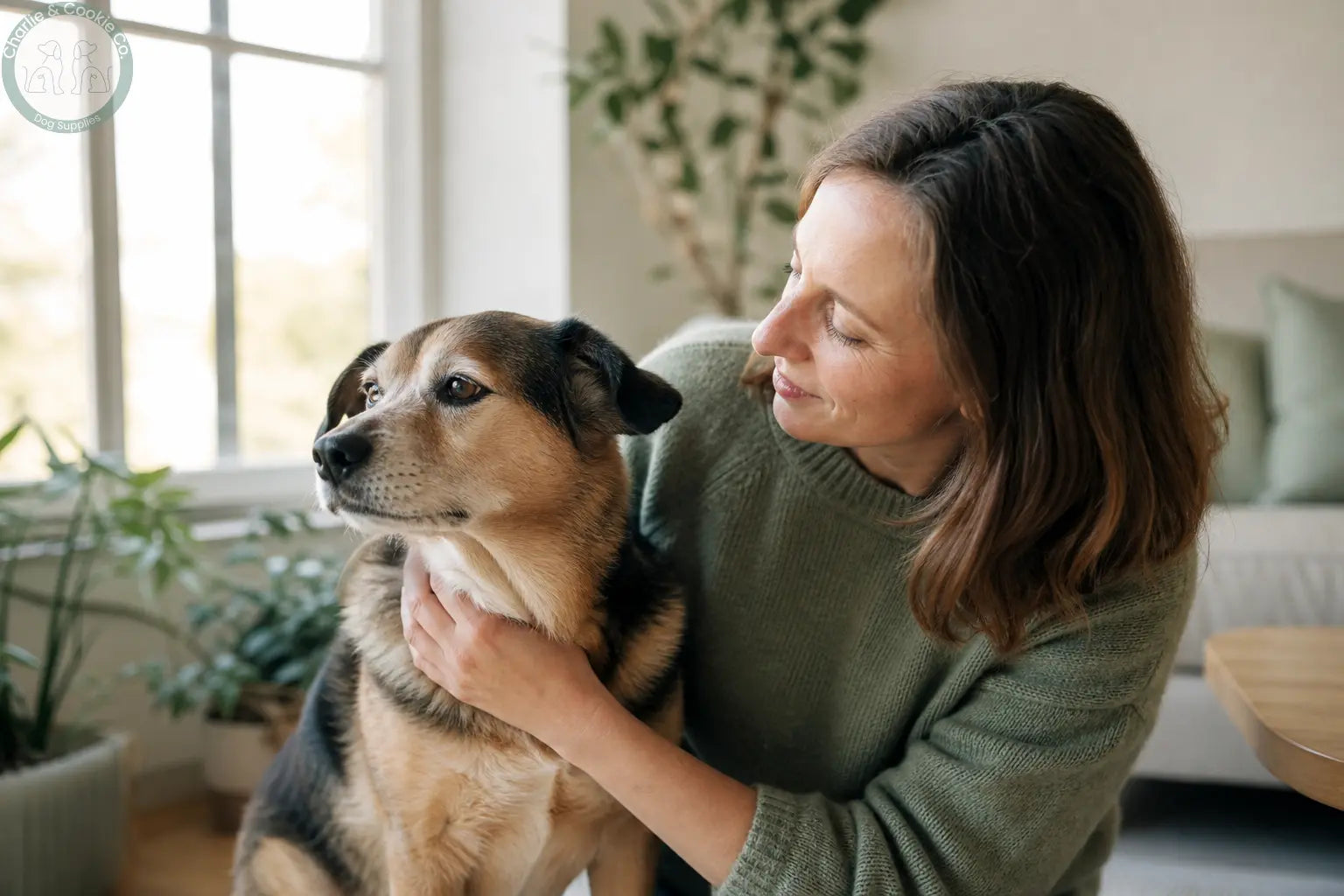 An owner calmly checking their dog's face at home without dental products