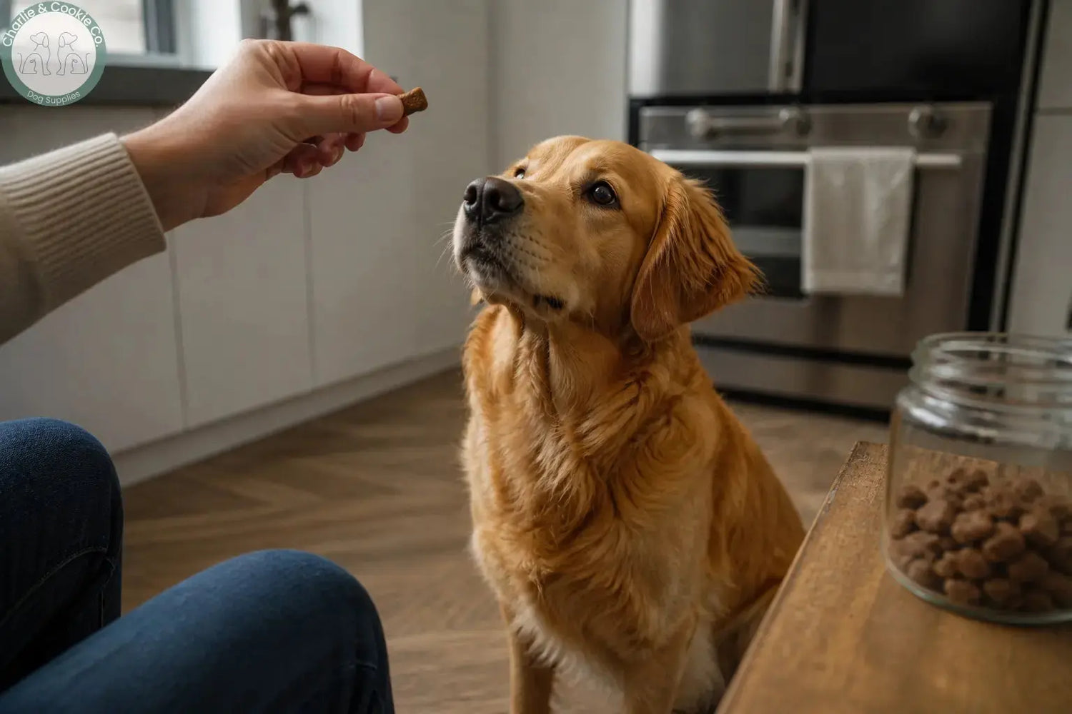 Dog sitting in a kitchen looking at a treat being held by owner, showing focus and anticipation during training.