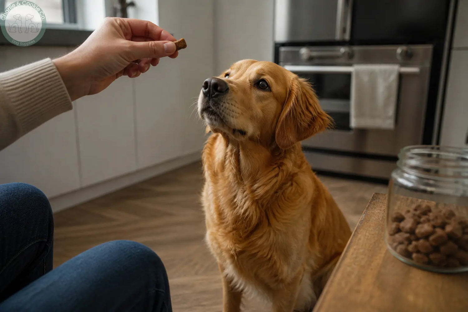 Dog focused on treat during training in kitchen, demonstrating food motivation and reward-based behaviour