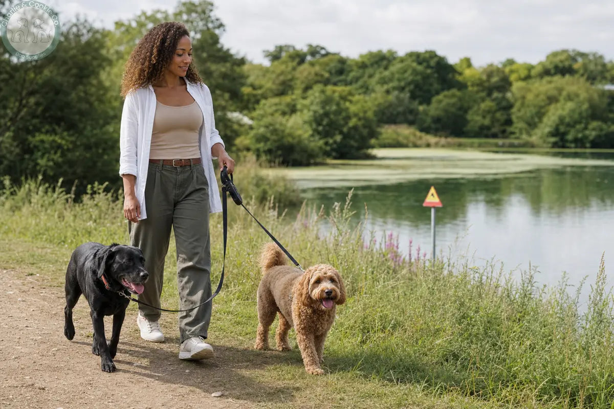 Owner keeping a Labrador and cockapoo on leads away from a UK lake with possible blue-green algae