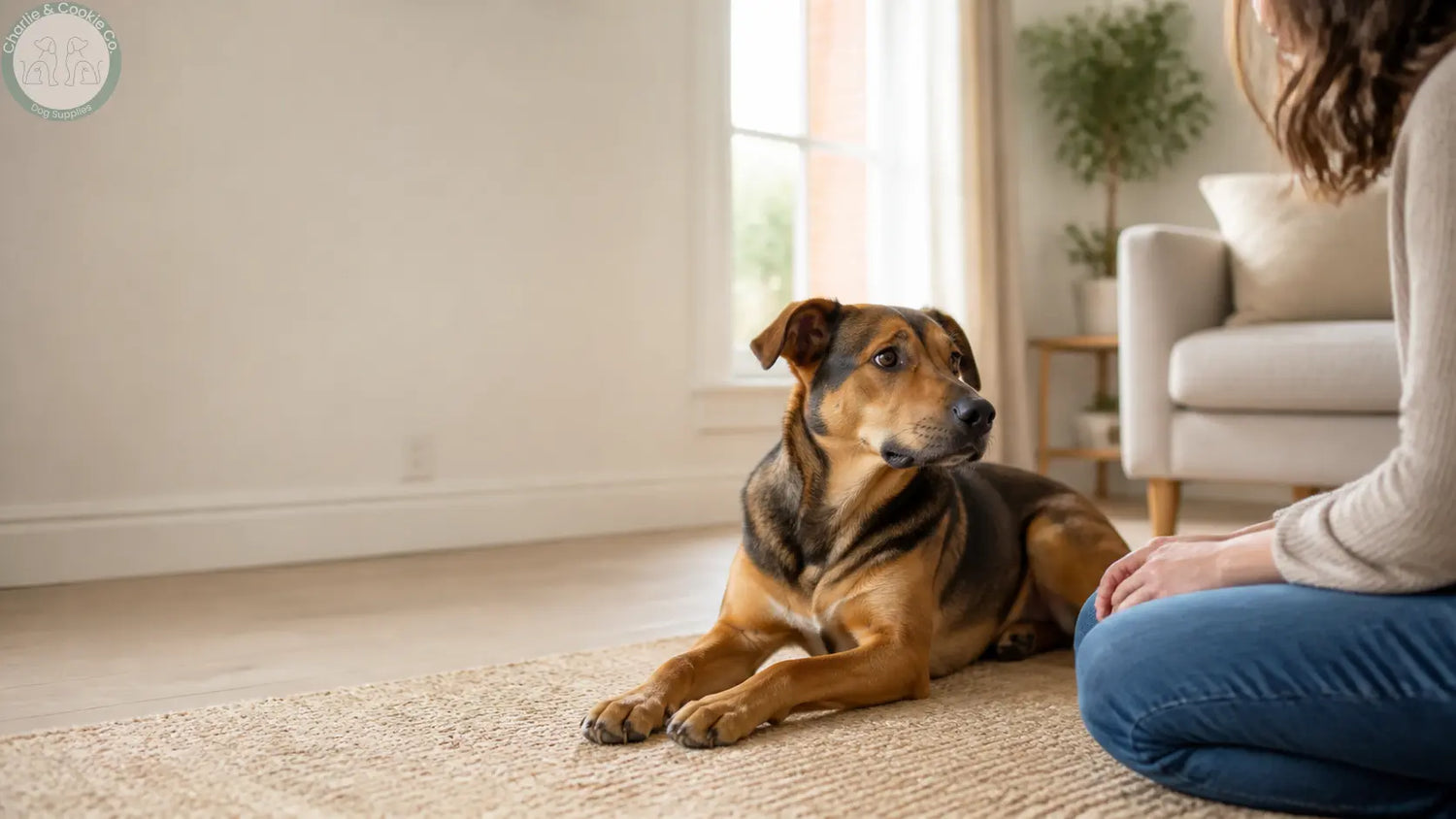 Owner calmly supervising an adult dog at home before choosing a suitable chew
