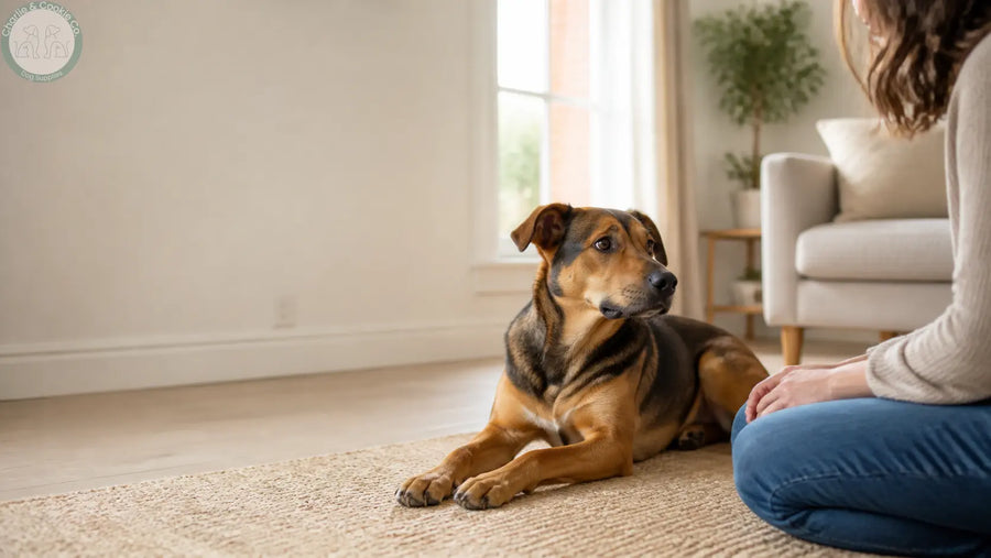 Owner calmly supervising an adult dog at home before choosing a suitable chew