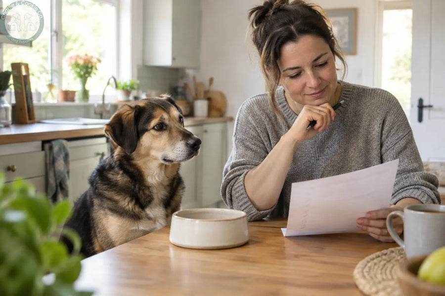 Healthy mixed-breed dog sitting beside its owner as they review a feeding checklist at a kitchen table