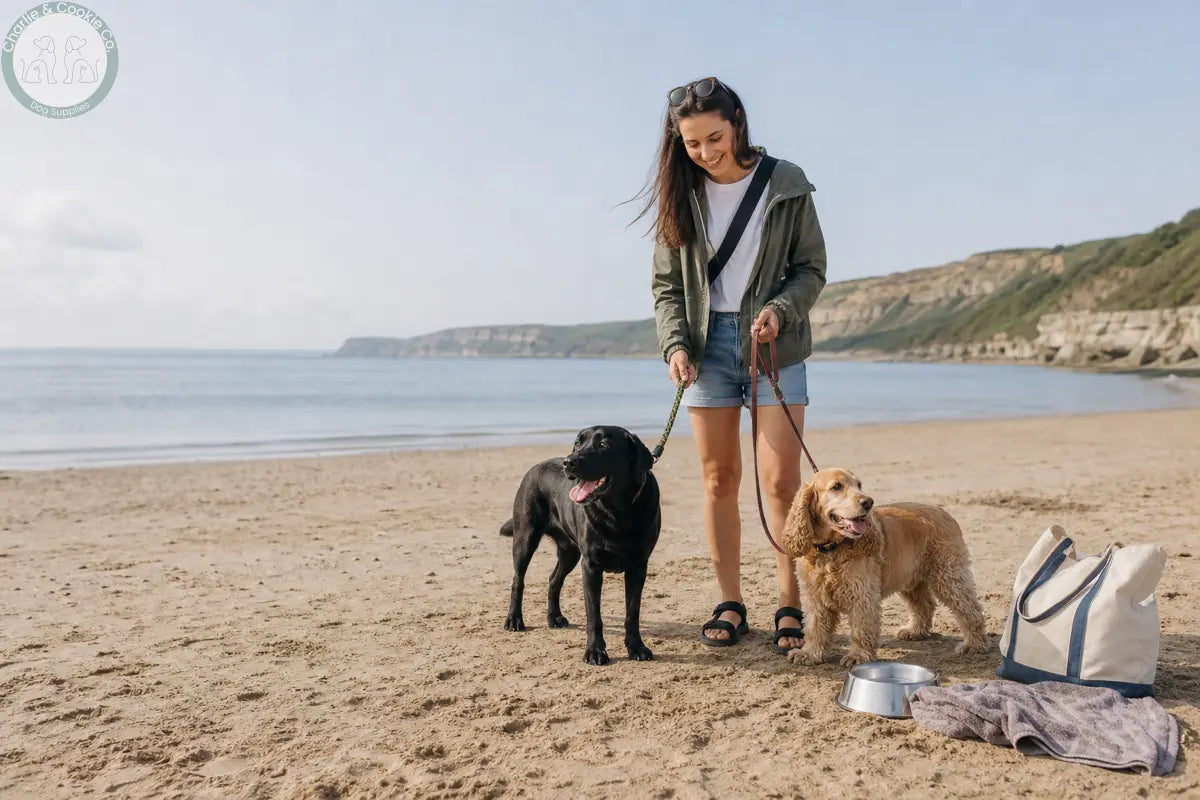 Woman with a Labrador and Cocker Spaniel on long leads at a calm UK beach with fresh water and a towel