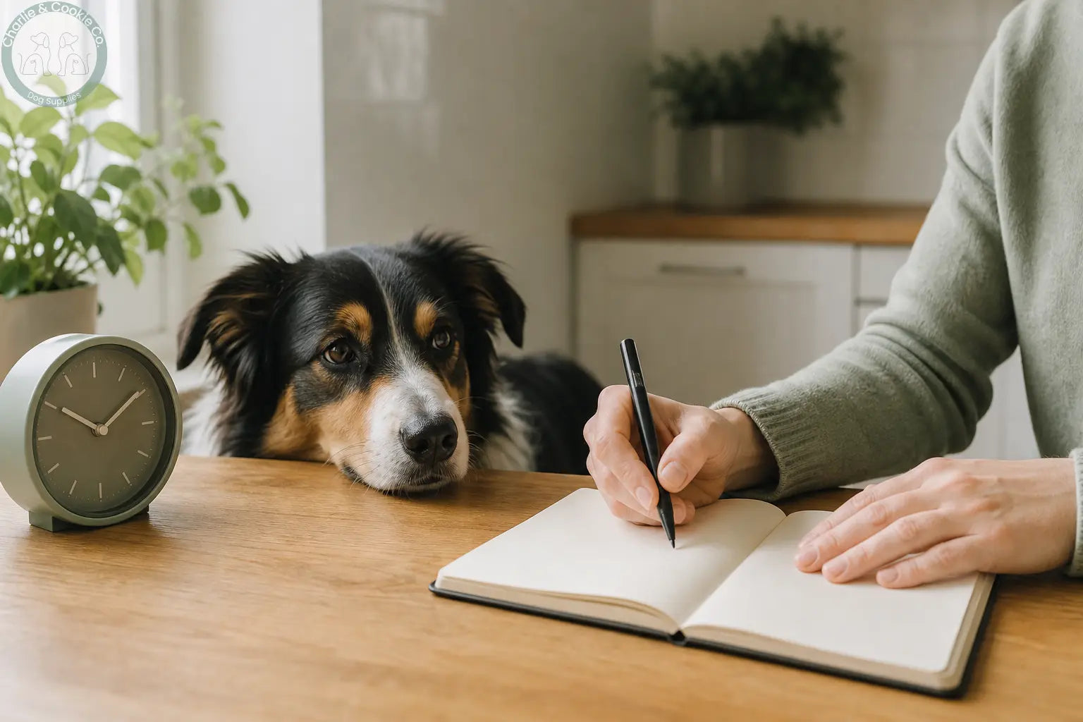 A dog resting beside an owner recording health observations in a blank notebook