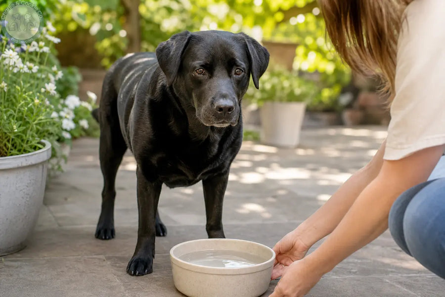 Black Labrador standing beside a fresh water bowl in a shaded garden patio on a warm day