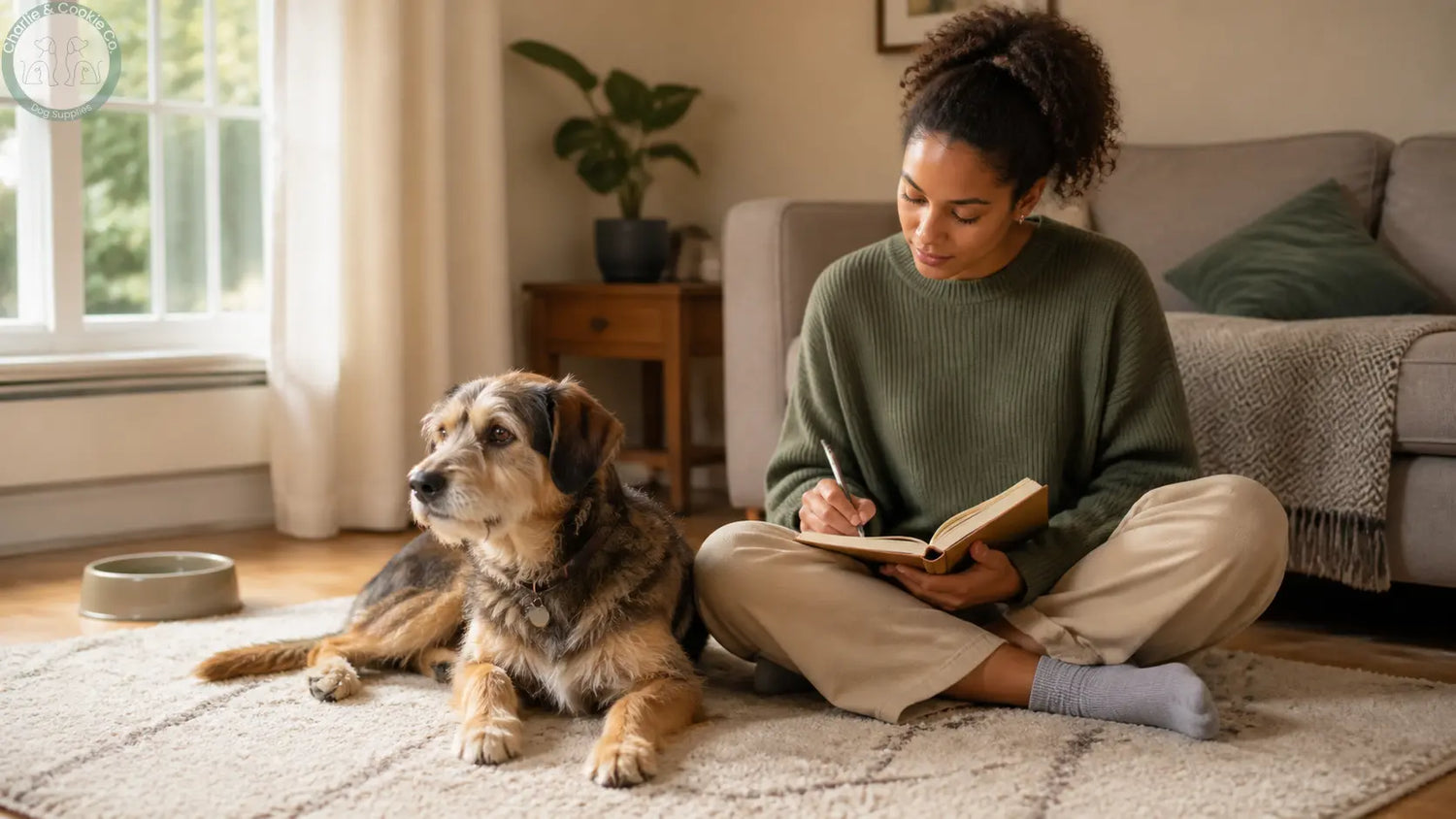 Dog resting calmly beside an owner noting appetite changes at home