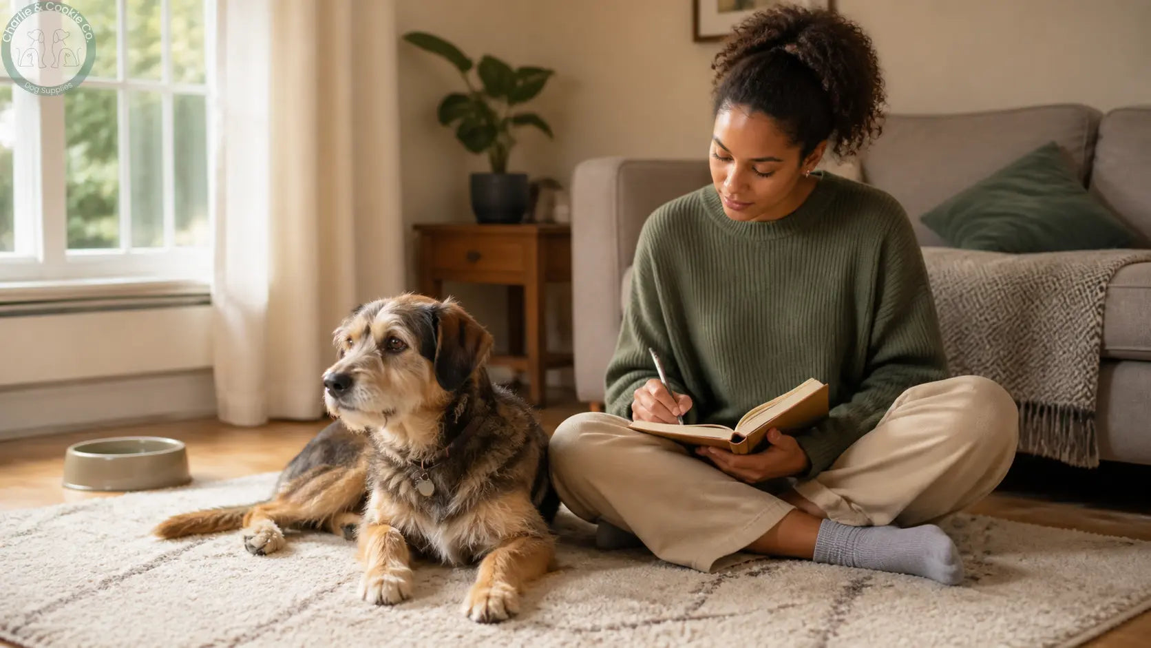 Dog resting calmly beside an owner noting appetite changes at home