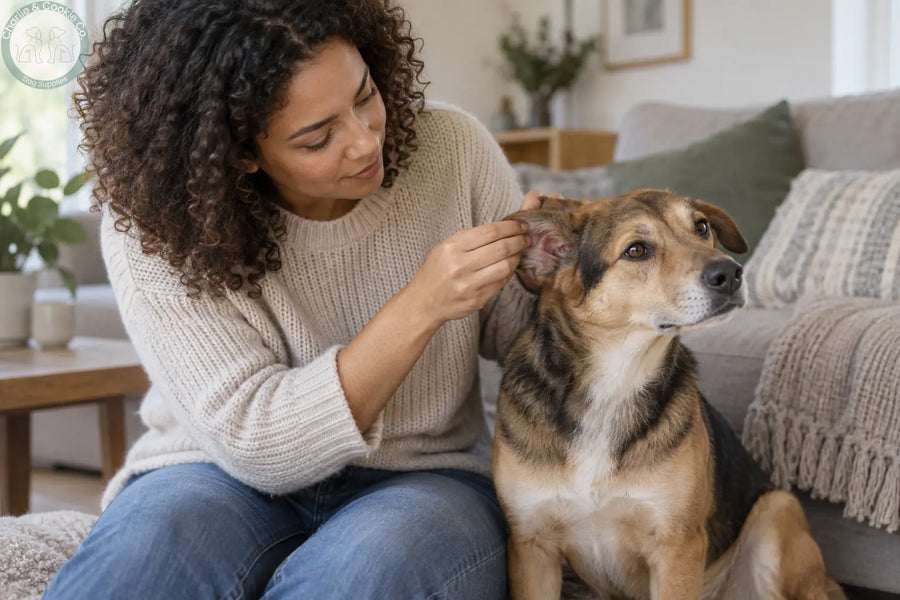 Owner gently checking the outside of her dog’s ear after noticing repeated head shaking