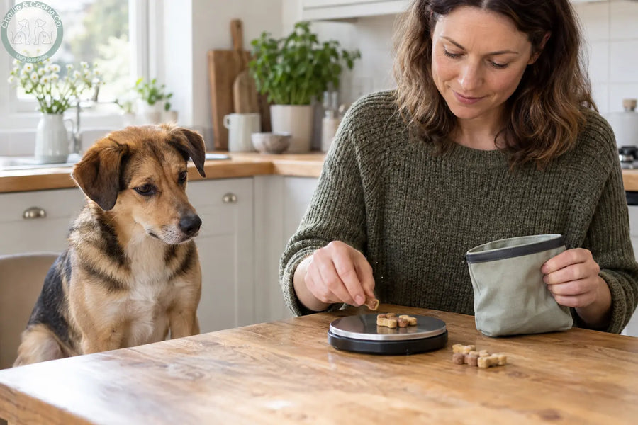 Dog owner weighing small training rewards on kitchen scales while her dog waits calmly