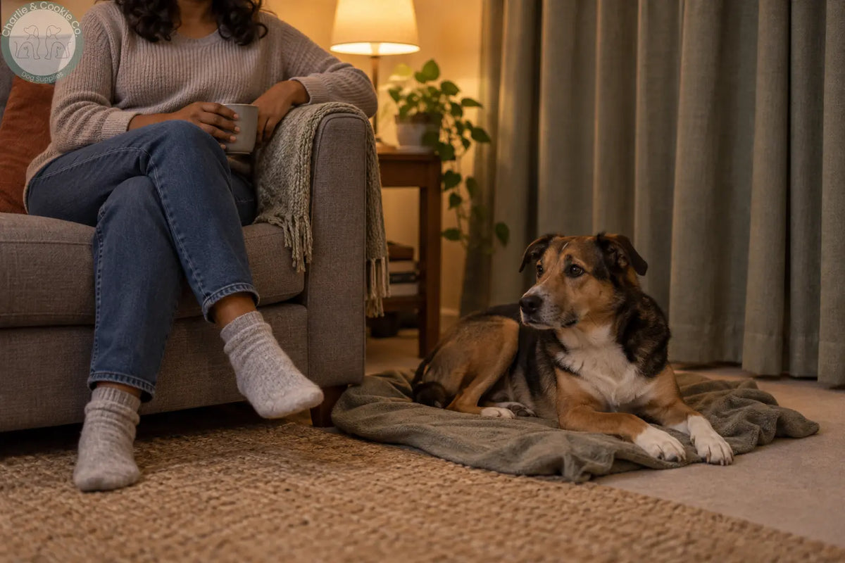 A brown mixed-breed dog resting on a blanket beside an adult on a sofa, with closed curtains and warm lamplight