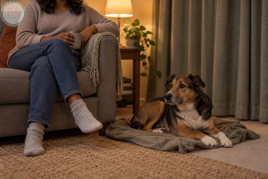 A brown mixed-breed dog resting on a blanket beside an adult on a sofa, with closed curtains and warm lamplight
