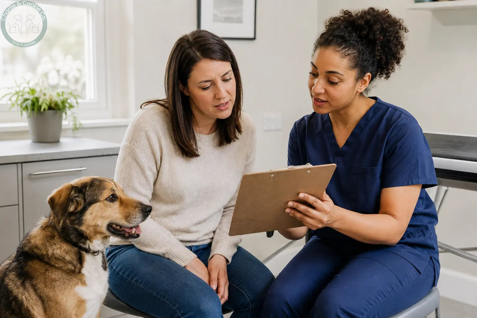 Dog owner and veterinary professional reviewing a diet history while a mixed-breed dog sits calmly beside them