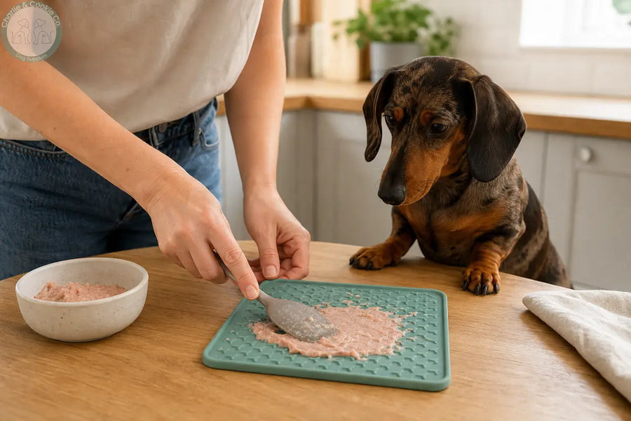 Miniature Dachshund watching an owner spread soft food on an unbranded lick mat in a kitchen
