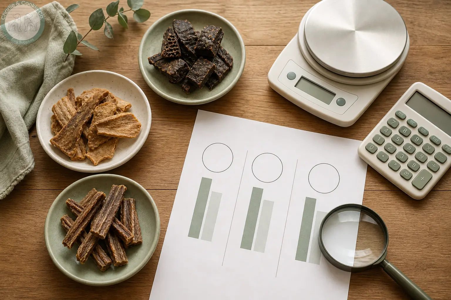 A neutral comparison of dog treats with a scale, calculator and blank chart