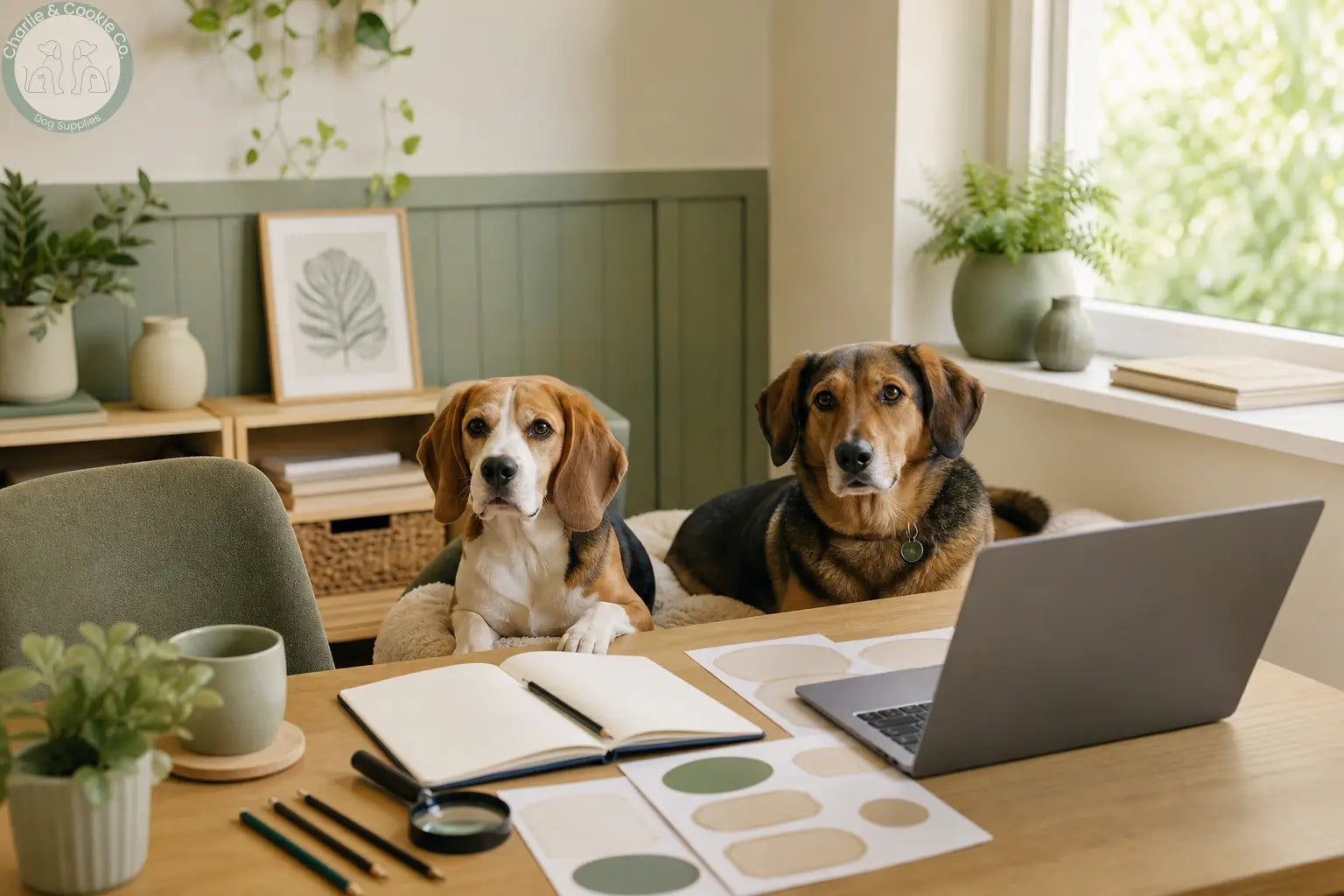 A beagle and mixed-breed hound beside a research desk with blank labels and a notebook