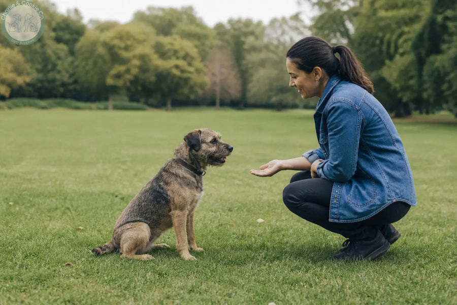 Dog owner rewarding a calm, attentive dog during a gentle training session in a park
