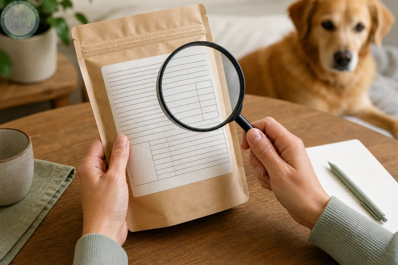 Hands using a magnifying glass to examine a generic dog treat label