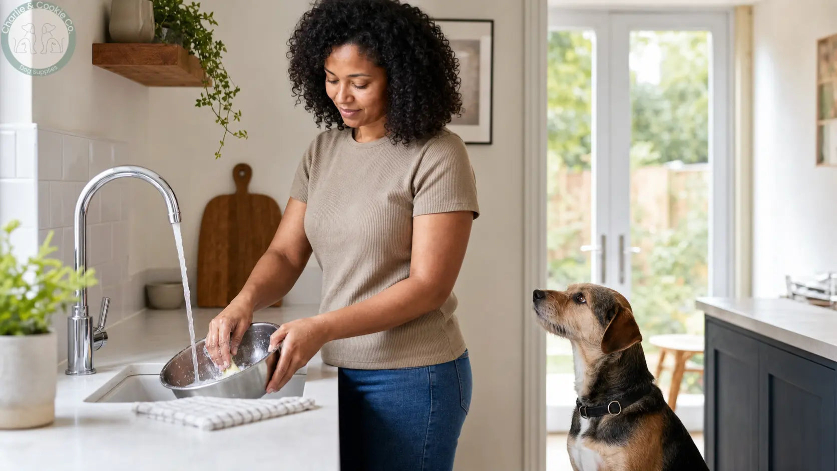Dog owner washing a stainless-steel dog bowl beside a calm dog in a bright kitchen