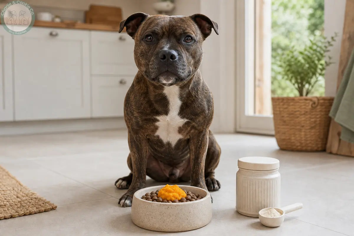 Brindle Staffordshire Bull Terrier sitting beside a food bowl with a small pumpkin topper and supplement powder.