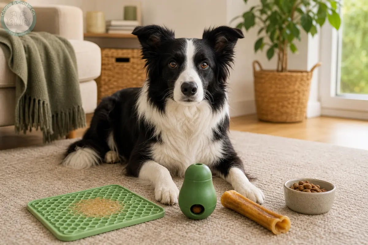 Border Collie lying calmly beside a lick mat, treat dispenser and chew as part of an enrichment routine.