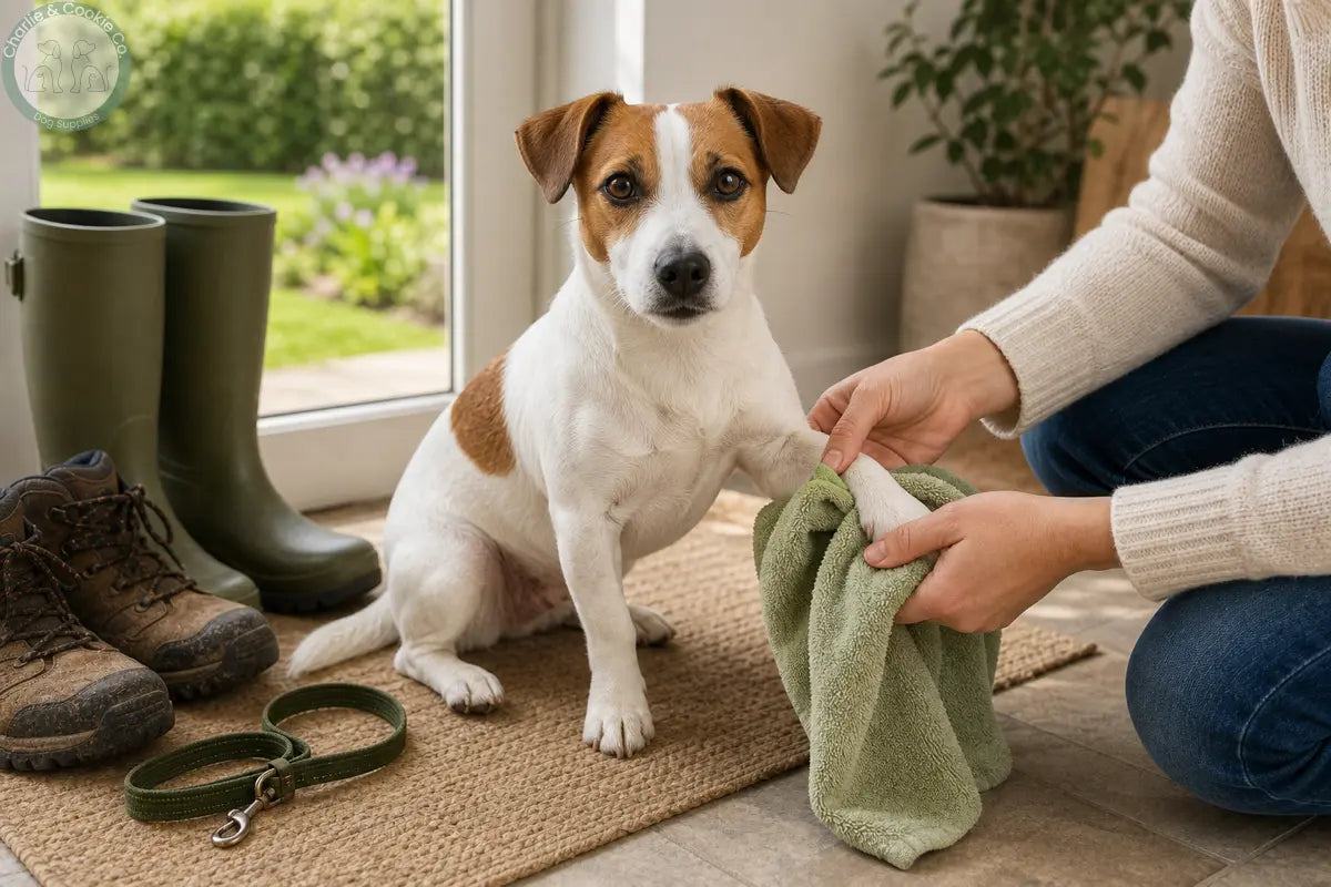 Jack Russell Terrier having a paw gently wiped after a grassy walk to check for irritation or grass seeds.