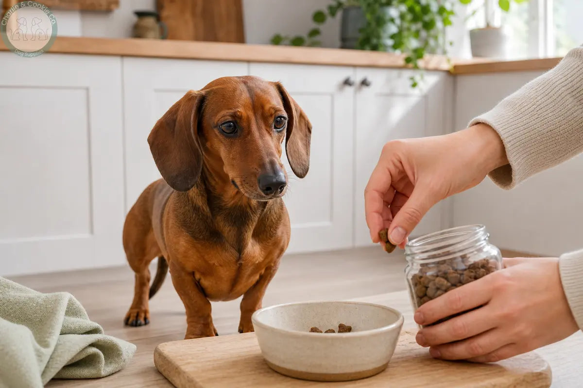 Miniature Dachshund watching an owner portion small training treats into a bowl for reward-based training.