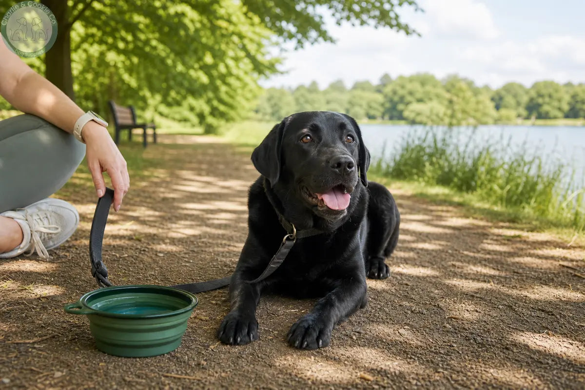 Black Labrador resting in the shade with a water bowl during a summer walk in a UK park.